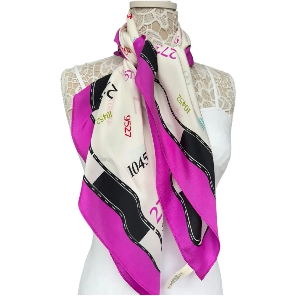 Vintage Zip Code Printed Silk Scarf 35” x 34” Multicolor Pink Magenta Realtor